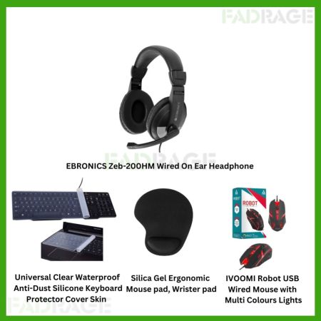 1+2combo EBRONICS Zeb-200HM Wired On Ear Headphone, Universal Clear Waterproof  Anti-Dust Silicone Keyboard Protector Cover Skin , IVOOMI Robot USB  Wired Mouse with  Multi Colours Lights