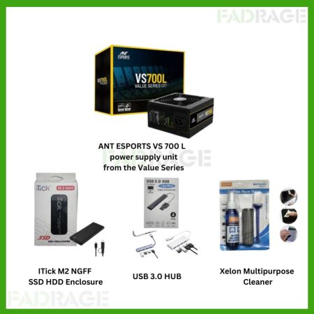 1+3 combo ANT ESPORTS VS 700 L   power supply unit  from the Value Series, ITick M2 NGFF  SSD HDD Enclosure, USB 3.0 HUB, Xelon Multipurpose  Cleaner