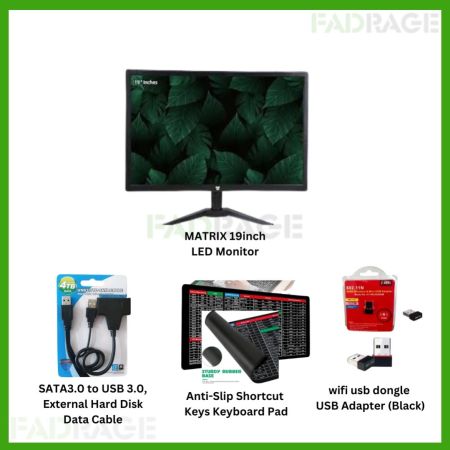 1+3combo MATRIX 19inch LED Monitor, SATA3.0 to USB 3.0,  External Hard Disk  Data Cable , Anti-Slip Shortcut  Keys Keyboard Pad, wifi usb dongle  USB Adapter (Black)