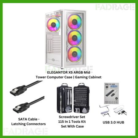 1+3 combo ELEGANTOR X5 ARGB Mid  Tower Computer Case | Gaming Cabinet , SATA Cable - Latching Connectors, Screwdriver Set  115 In 1 Tools Kit  Set With Case, USB 3.0 HUB