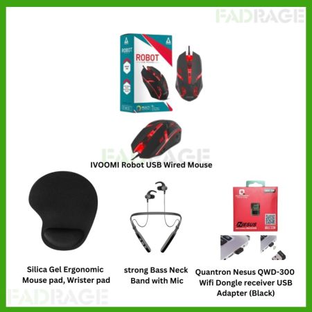 1+3combo IVOOMI Robot USB Wired Mouse, Silica Gel Ergonomic  Mouse pad, Wrister pad, strong Bass Neck  Band with Mic, Quantron Nesus QWD-300  Wifi Dongle receiver USB Adapter (Black)