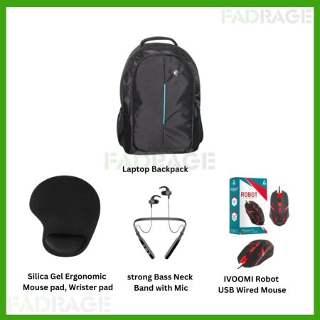 1+3 combo Laptop Backpack, Silica Gel Ergonomic  Mouse pad, Wrister pad, strong Bass Neck  Band with Mic, IVOOMI Robot  USB Wired Mouse