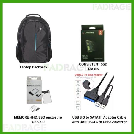 1+3 Laptop Backpack. CONSISTENT SSD 128 GB, MEMORE HHD/SSD enclosure  USB 3.0, USB 3.0 to SATA III Adapter Cable with UASP SATA to USB Converter