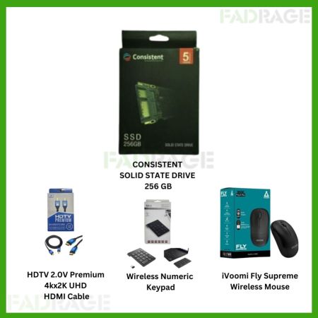 1+3combo CONSISTENT  SOLID STATE DRIVE  256 GB, HDTV 2.0V Premium  4kx2K UHD  HDMI Cable, Wireless Numeric  Keypad, iVoomi Fly Supreme  Wireless Mouse